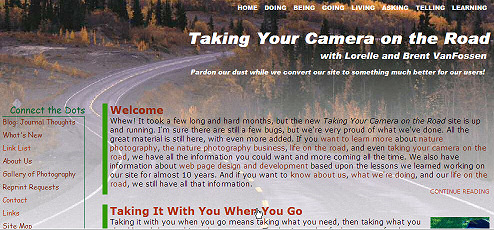 Front page view of Taking Your Camera on the Road - customize WordPress Theme