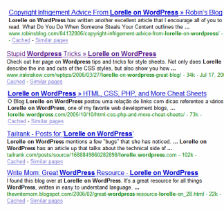 Google Search Engine results for Lorelle on WordPress showing how excerpts are used