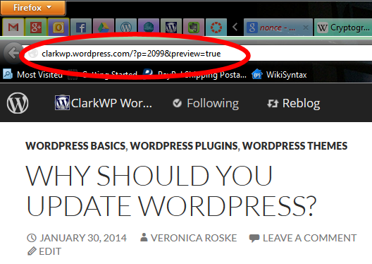 The Post Preview link on the web browser address bar for WordPress.