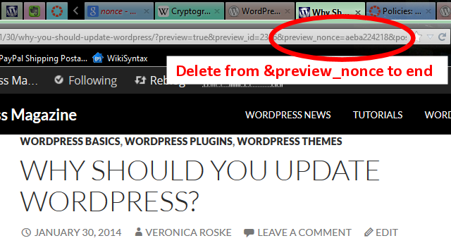 Published post link in the address bar for a WordPress nonce.